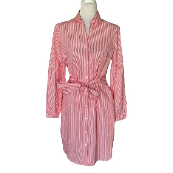J. McLaughlin Millbury Orange White Striped Tie Waist Shirtdress Midi Dress - M - Picture 5 of 16